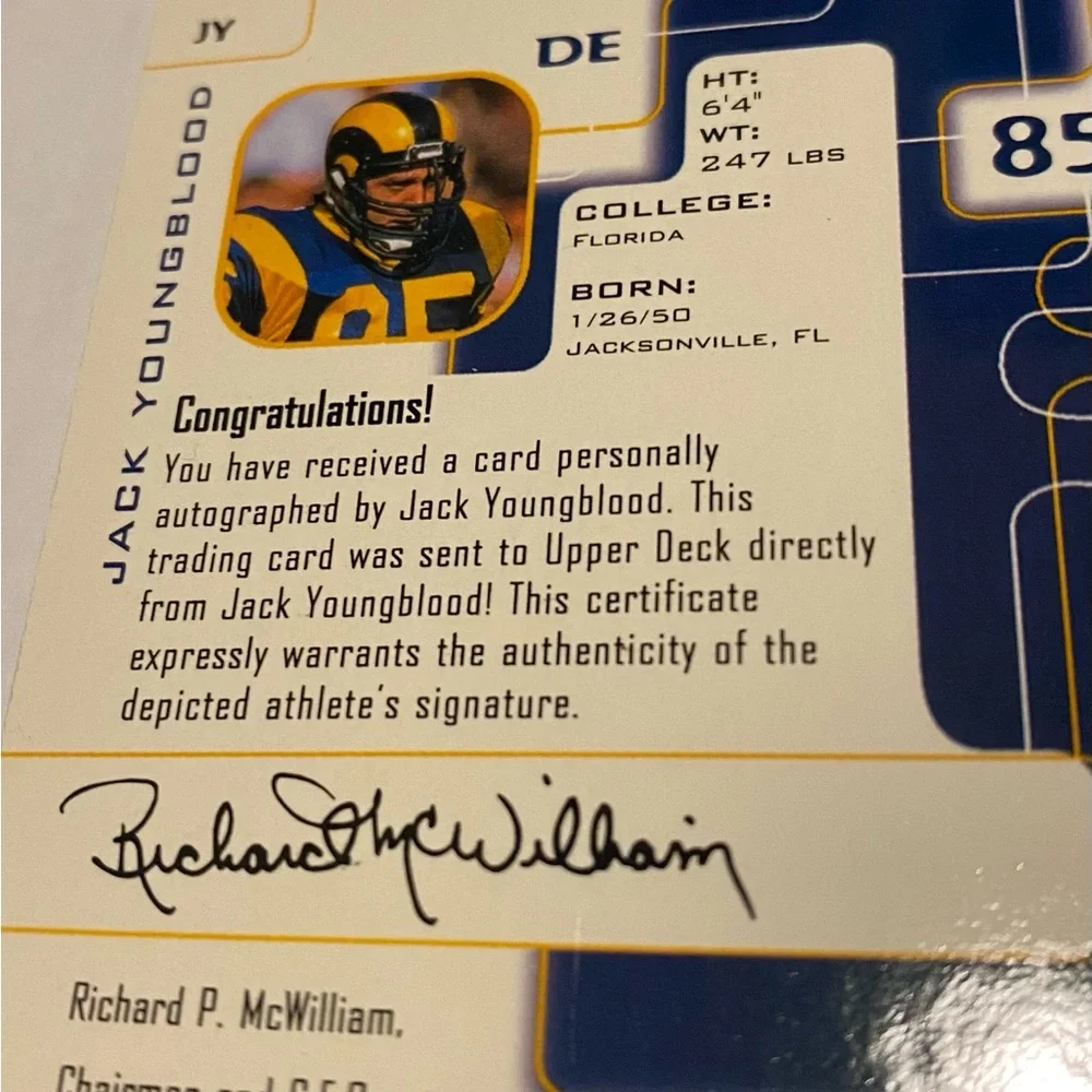 Jack Youngblood Rare Autographed 1999 Upper Deck S/P Signature Edition